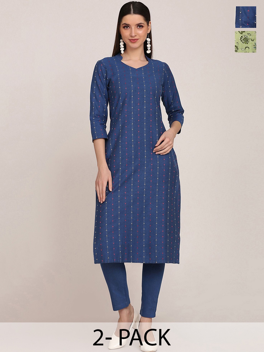 

KALINI Selection Of 2 Striped Printed Mandarin Collar Dobby Straight Kurtas With Trousers, Navy blue