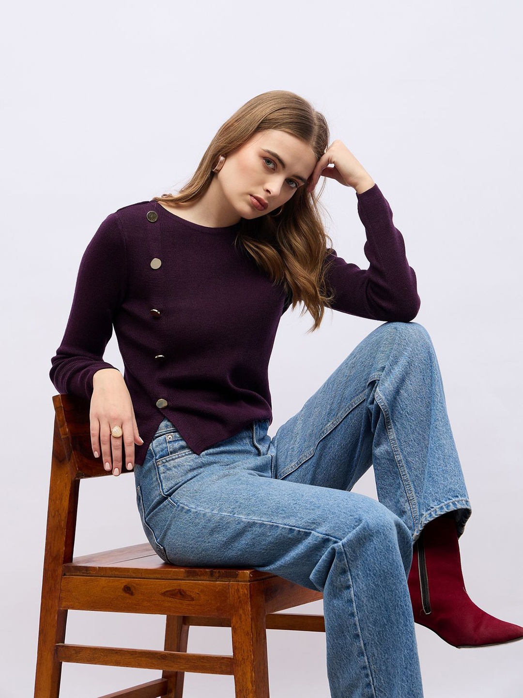 

Styli Women Round Neck Fitted Sweater With Golden Button, Purple