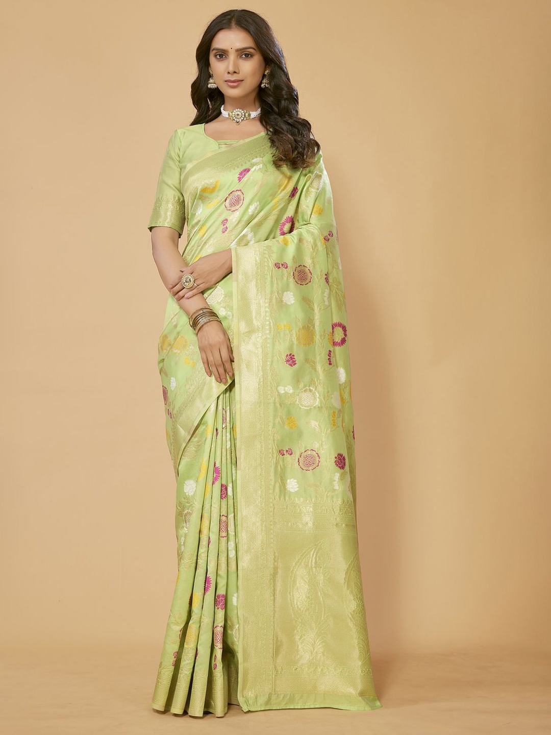 

NEEVA Woven Design Zari Silk Blend Designer Kanjeevaram Saree, Green