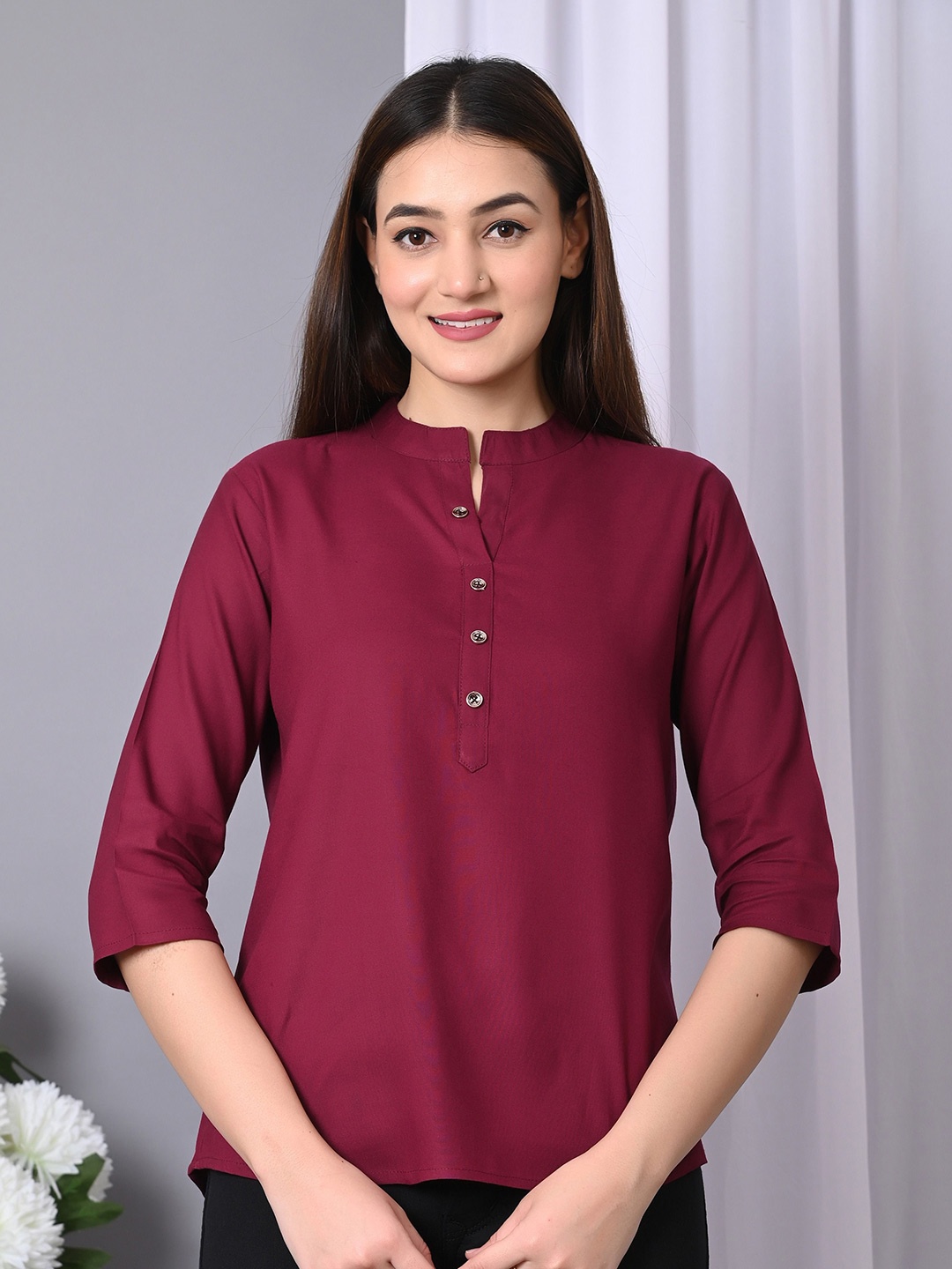 

VYMO Mandarin Collar Shirt Style Top, Purple