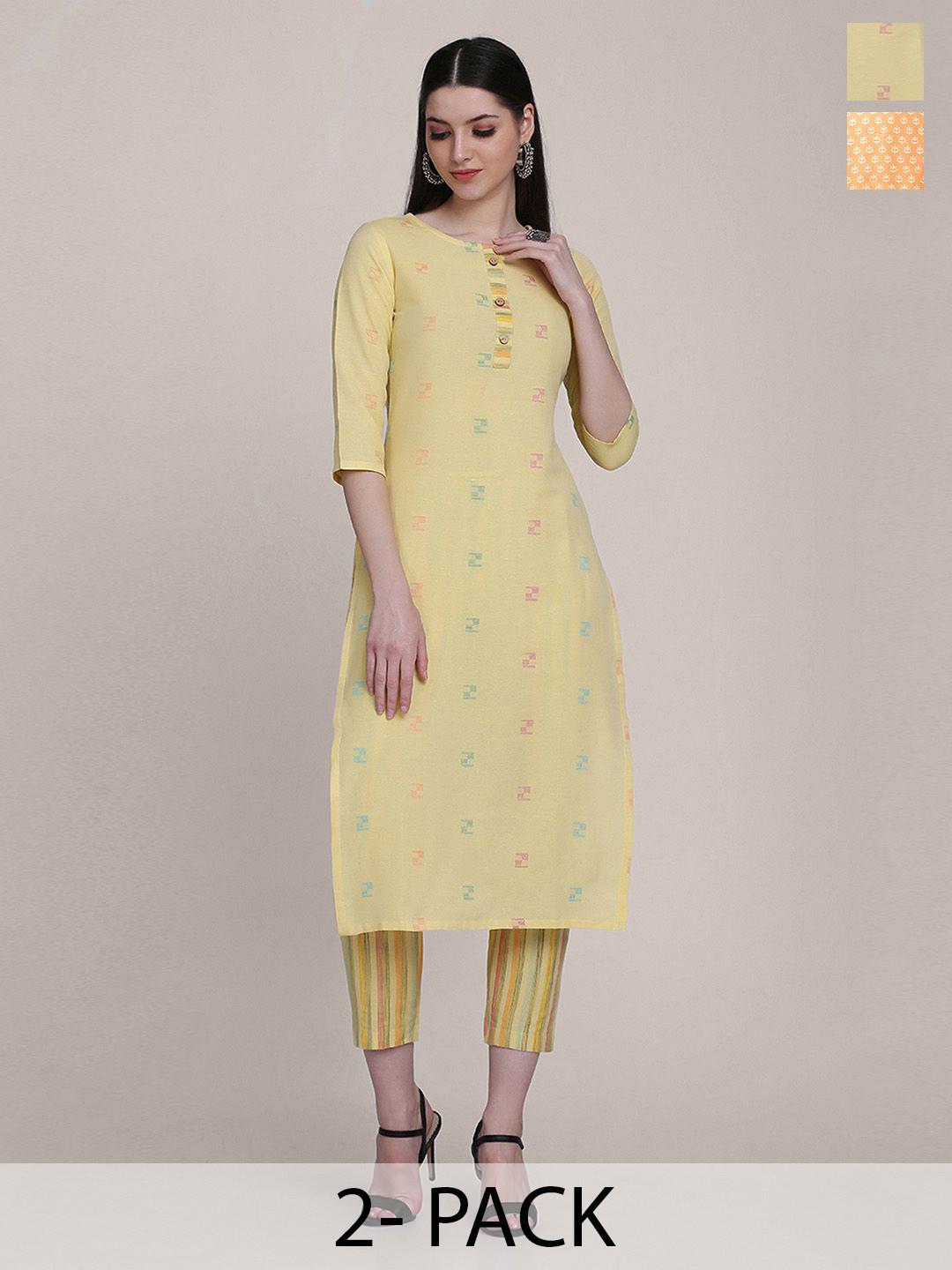 

KALINI Selection Of 2 Ethnic Motifs Printed Round Neck Straight Kurtas With Trousers, Yellow