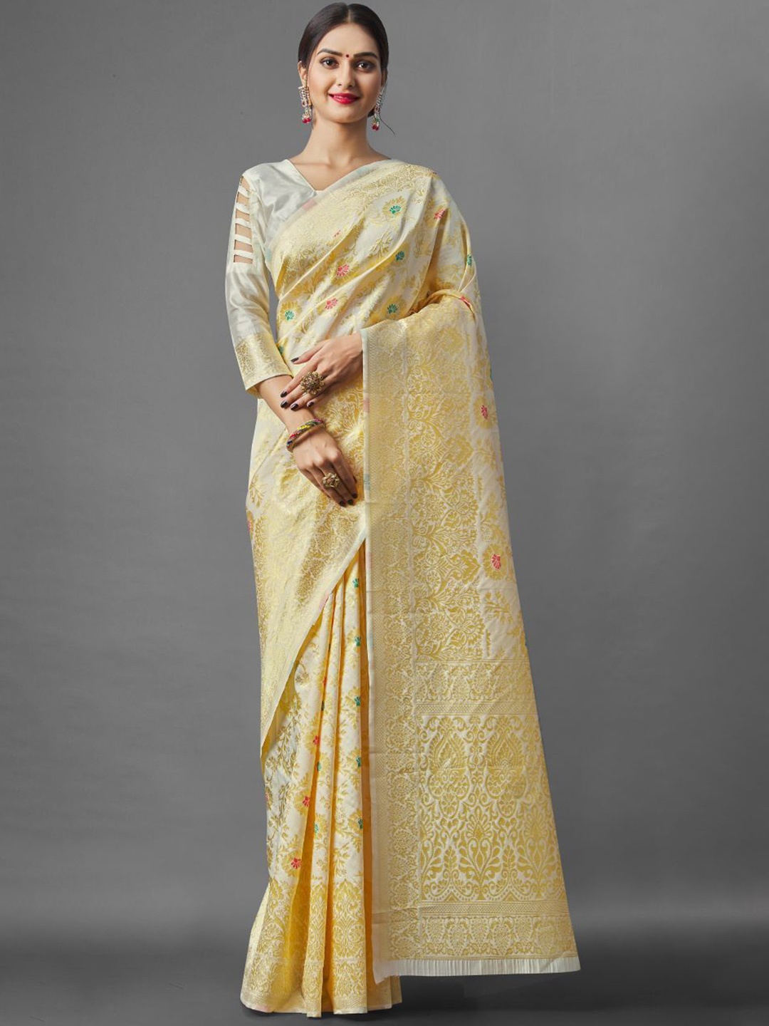 

Fashion Ritmo Woven Design Zari Pure Silk Saree, Cream