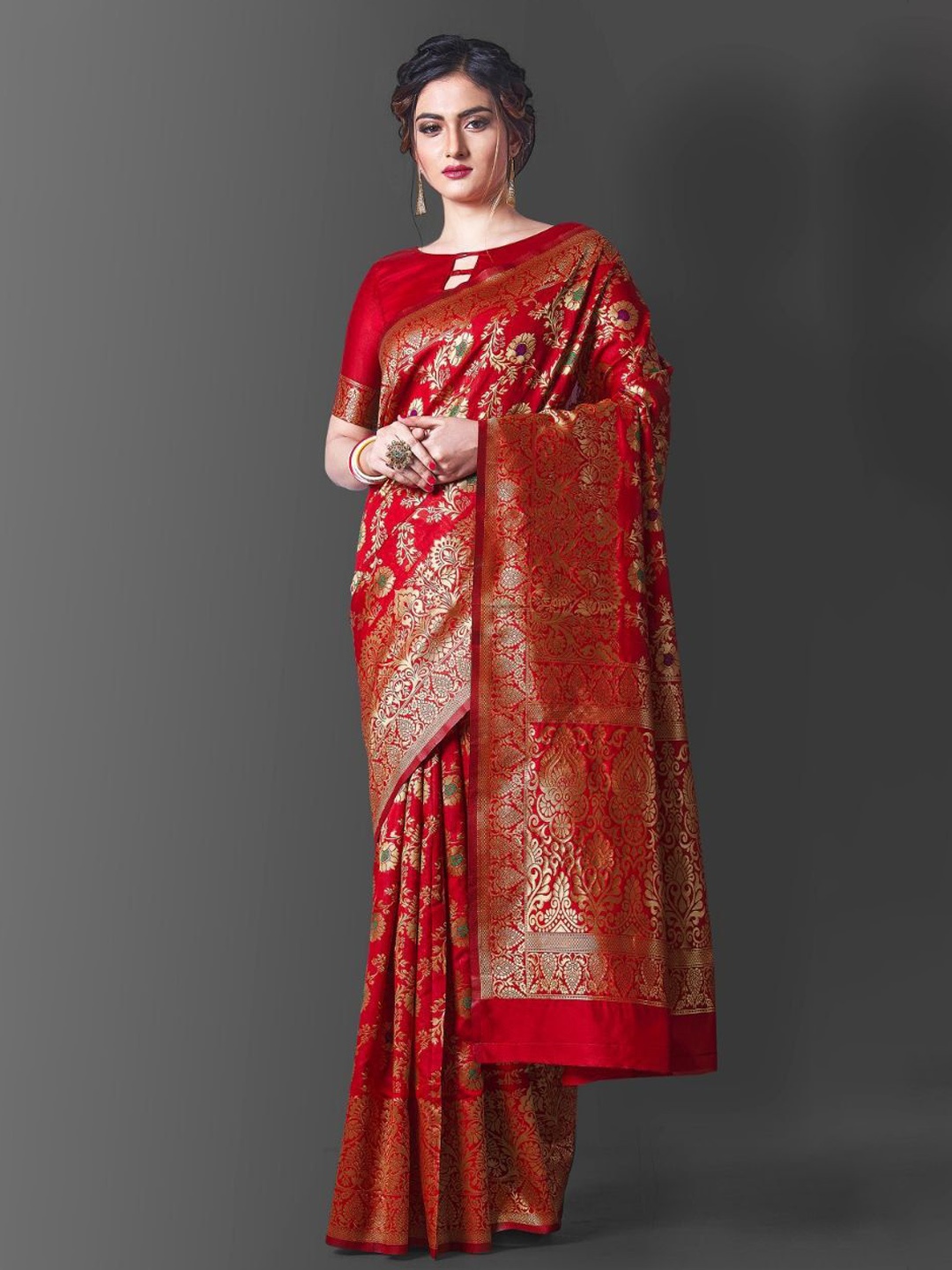

Fashion Ritmo Woven Design Zari Pure Silk Saree, Red