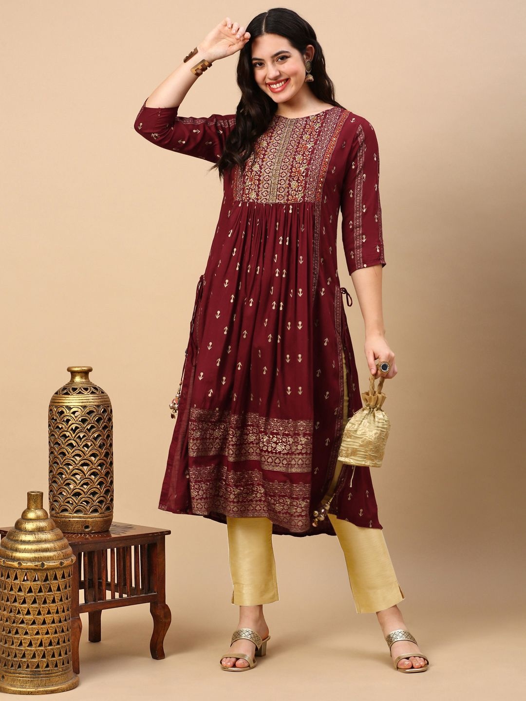 

SHOWOFF Ethnic Motifs Woven Design Thread Work Anarkali Kurtas, Maroon