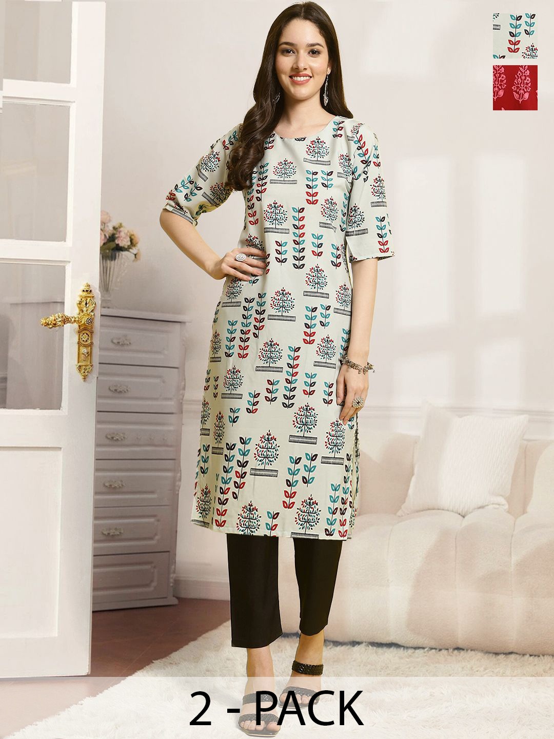

7Threads Selection Of 2 Floral Printed Straight Kurta With Trousers, White