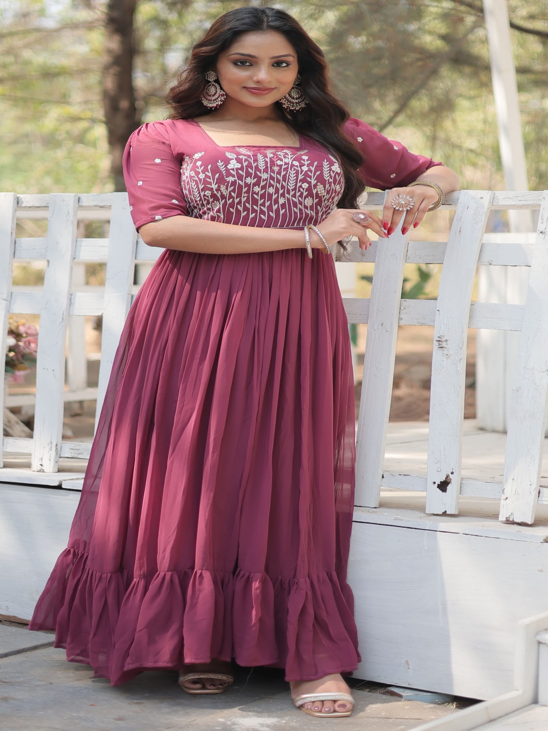 

KALINI Floral Embroidered Square Neck Anarkali Dress, Mauve