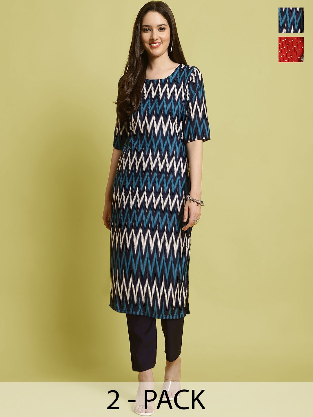 

7Threads Selection Of 2 Chevron Printed Straight Kurta With Trousers, Black