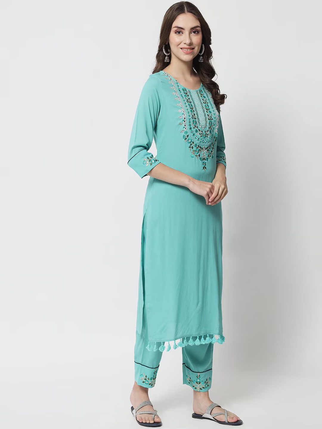 

A TO Z CART Floral Embroidered Thread & Mirror Work Straight Kurta With Trouser & Dupatta, Turquoise blue