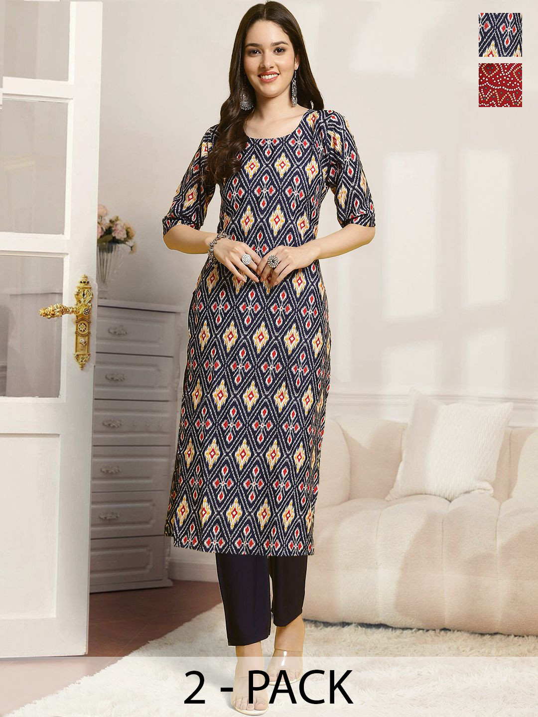 

7Threads Selection Of 2 Geometric Printed Round Neck Straight Kurta With Trousers, Blue