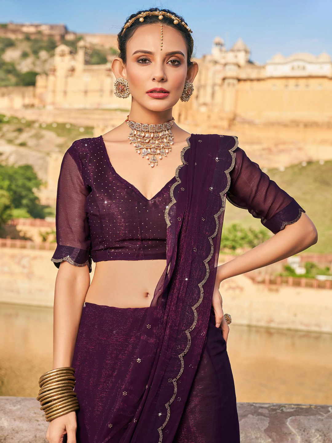 

Kalista Embellished Beads and Stones Pure Chiffon Saree, Purple