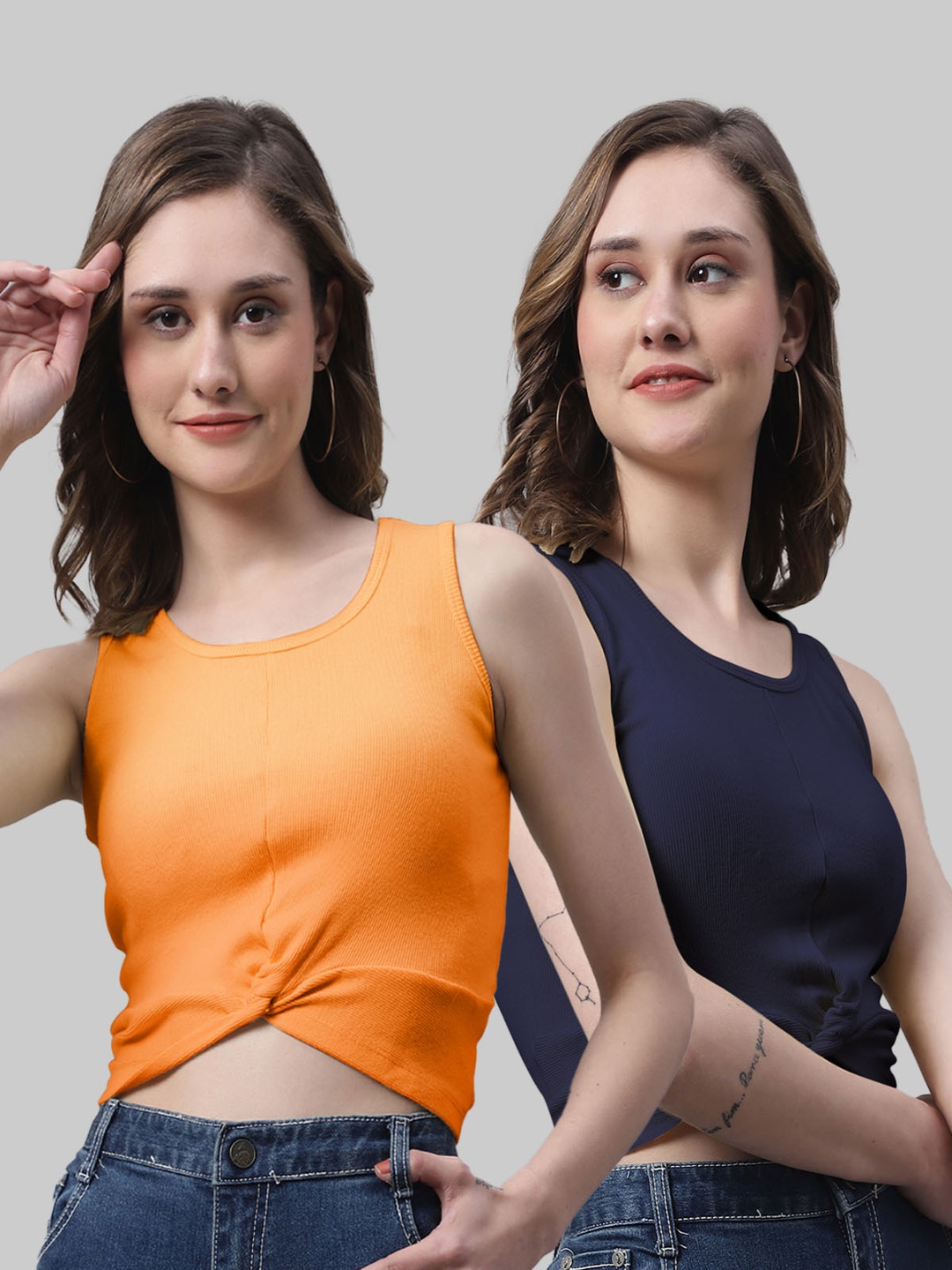 

FBAR Pack Of 2 Cotton Knoted Detail Fitted Crop Top, Orange