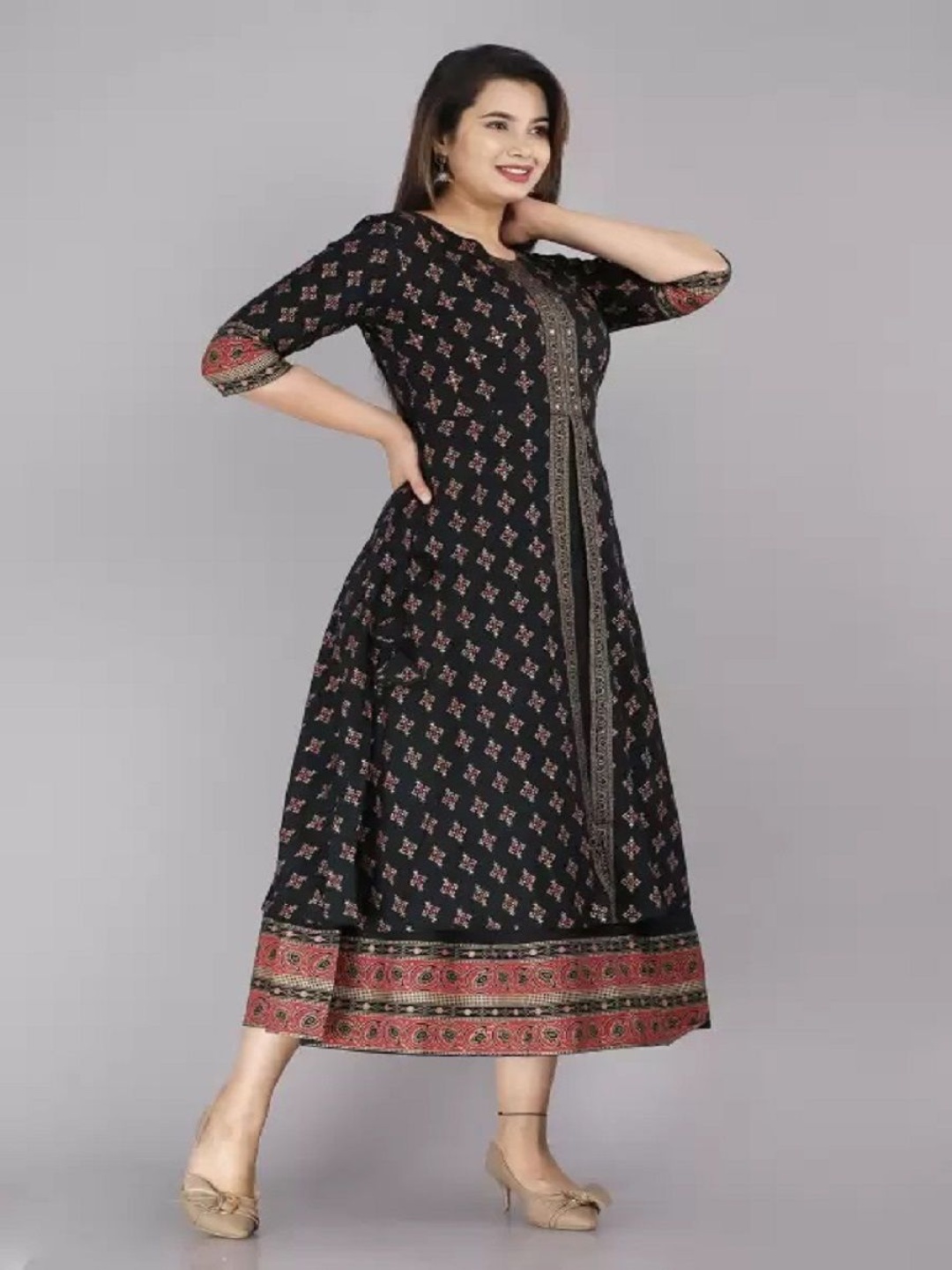 

ANNAYEMA APPARELS Floral Printed Round Neck A-Line Ethnic Dress, Black