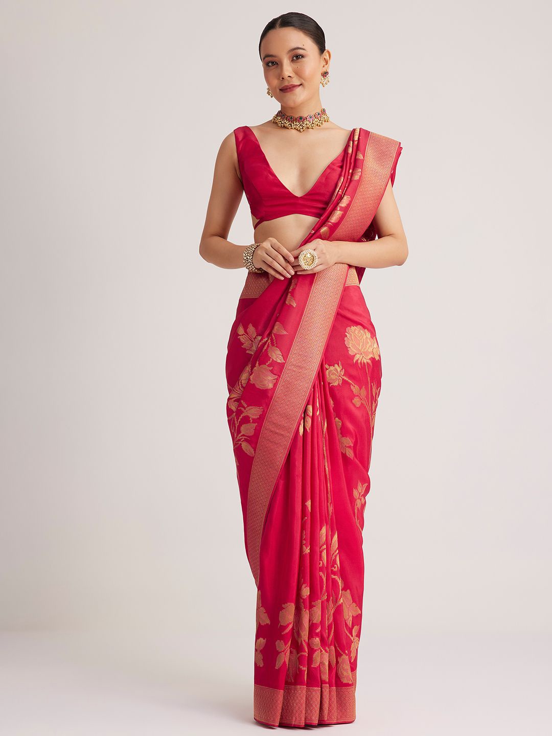 

KALKI Fashion Floral Zari Silk Blend Saree, Pink