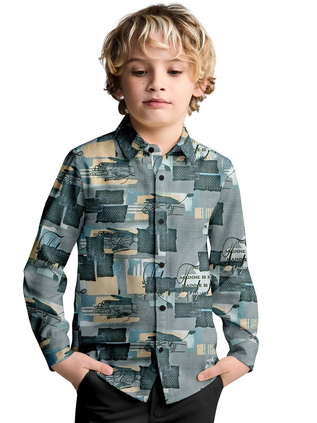 

cut & make Boys Classic Spread Collar Abstract Printed Casual Shirt, Grey