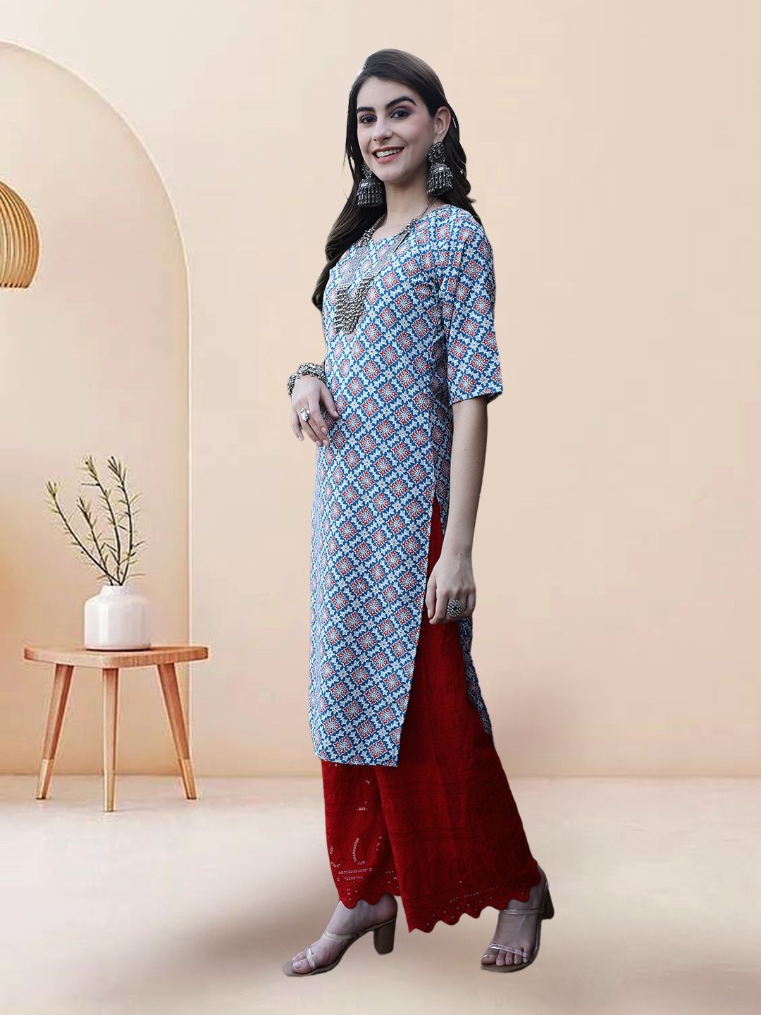 

7Threads Selection Of 3 Ethnic Motifs Printed Round Neck Straight Kurtas, Blue