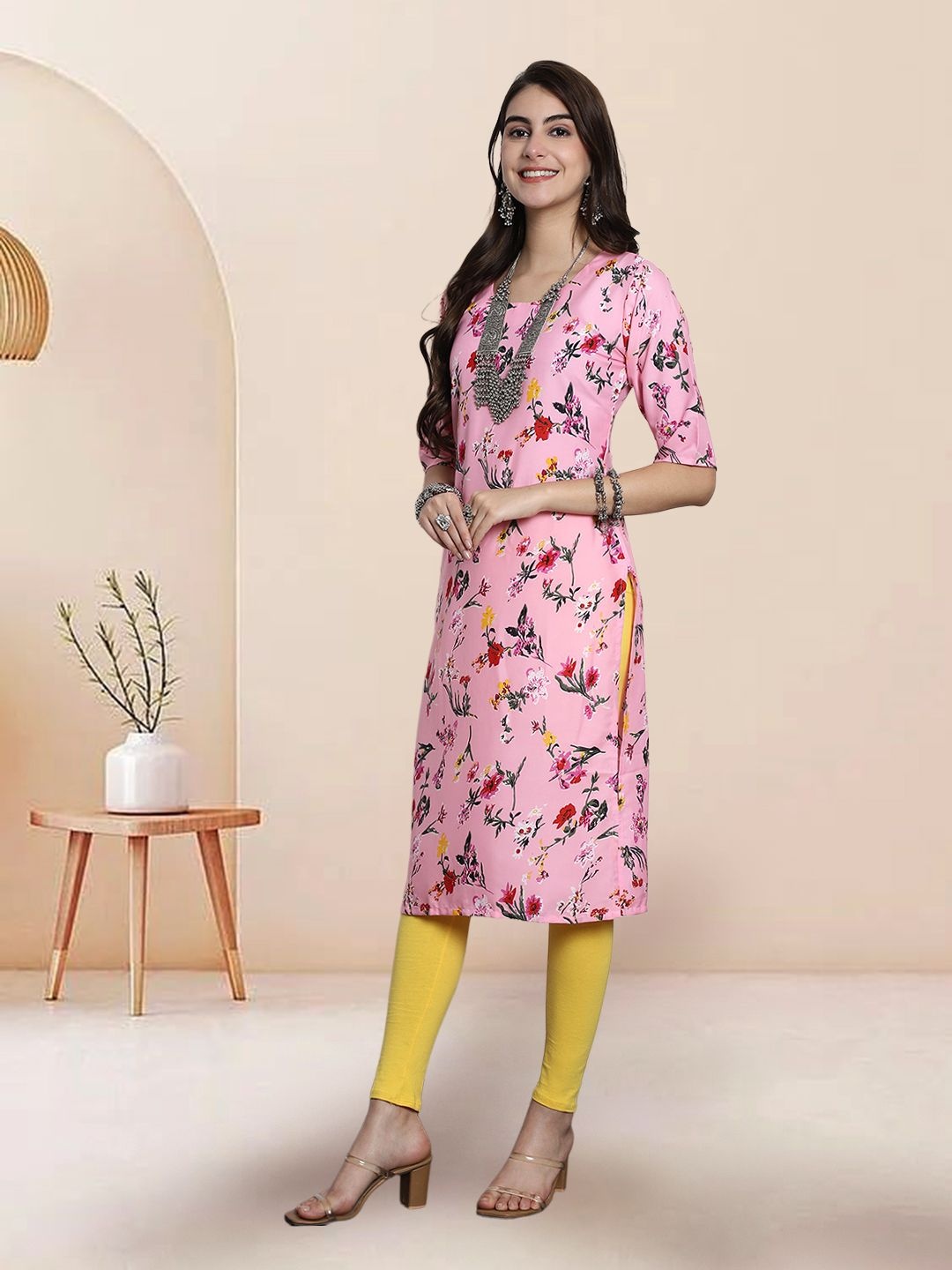 

7Threads Selection of 3 Floral Printed Round Neck Straight Kurtas, Navy blue