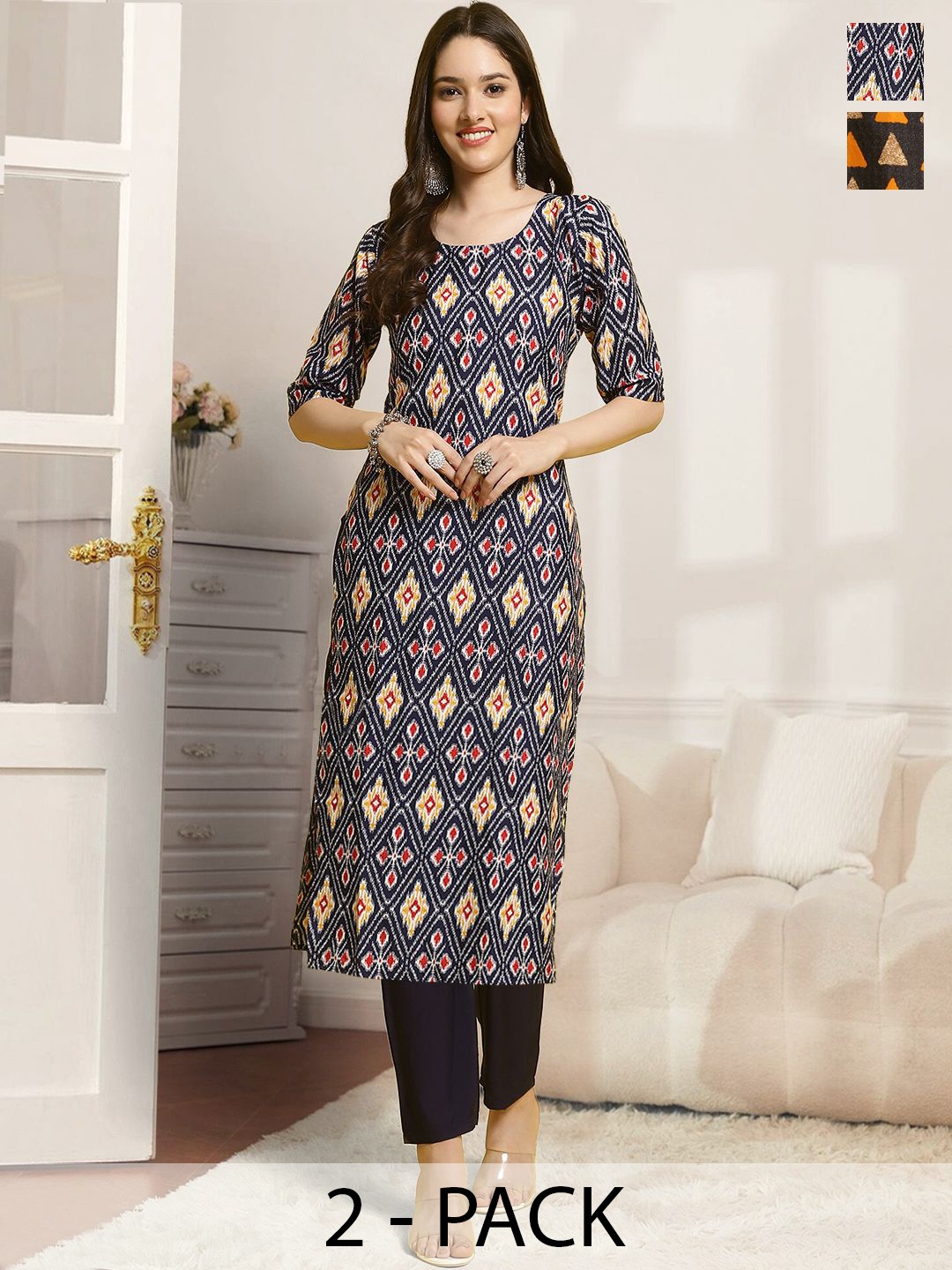 

7Threads Selection Of 2 Geometric Printed Round Neck Straight Kurta With Trousers, Navy blue