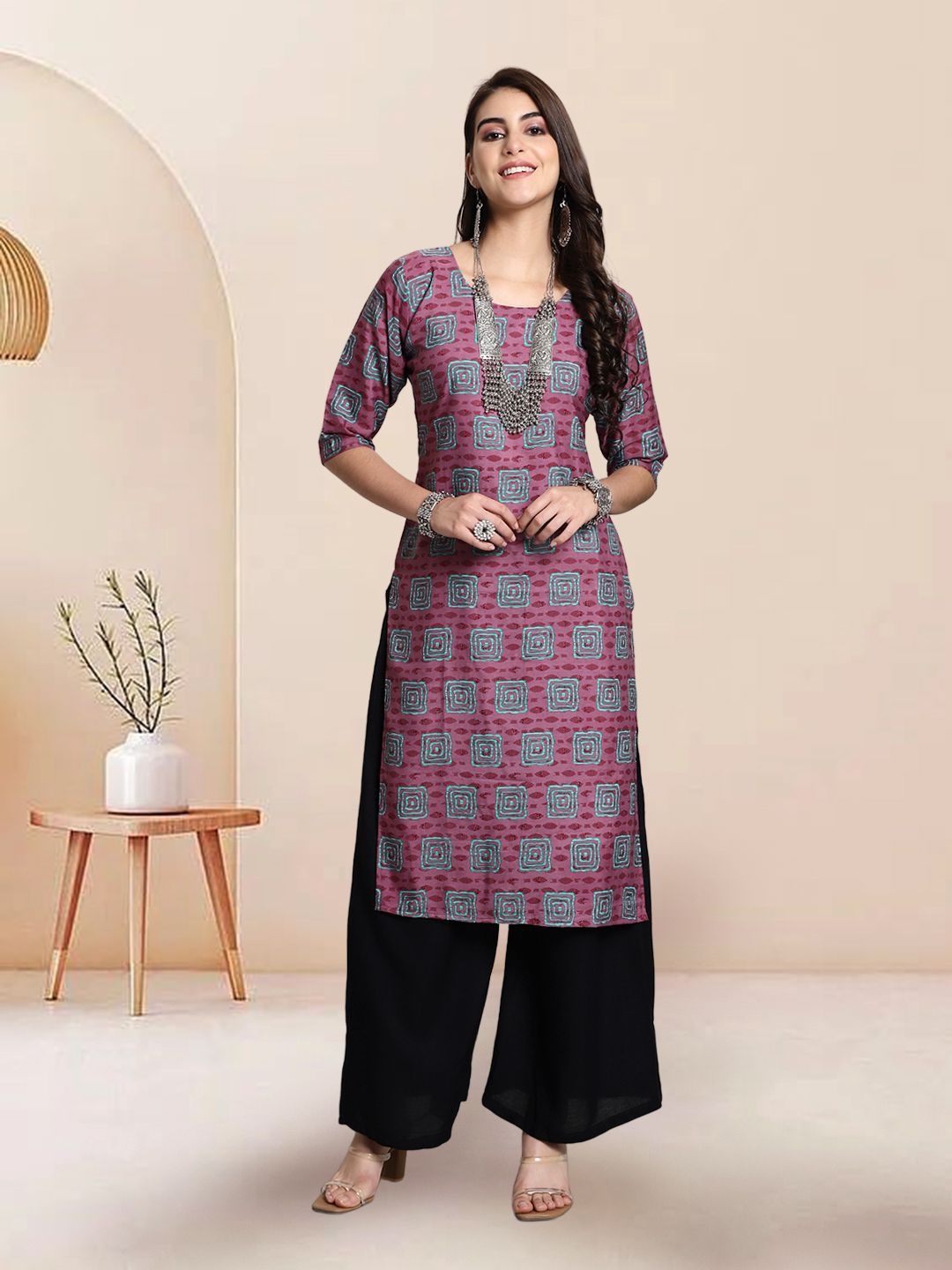 

7Threads Selection Of 4 Ethnic Motifs Printed Round Neck Straight Kurtas, Purple