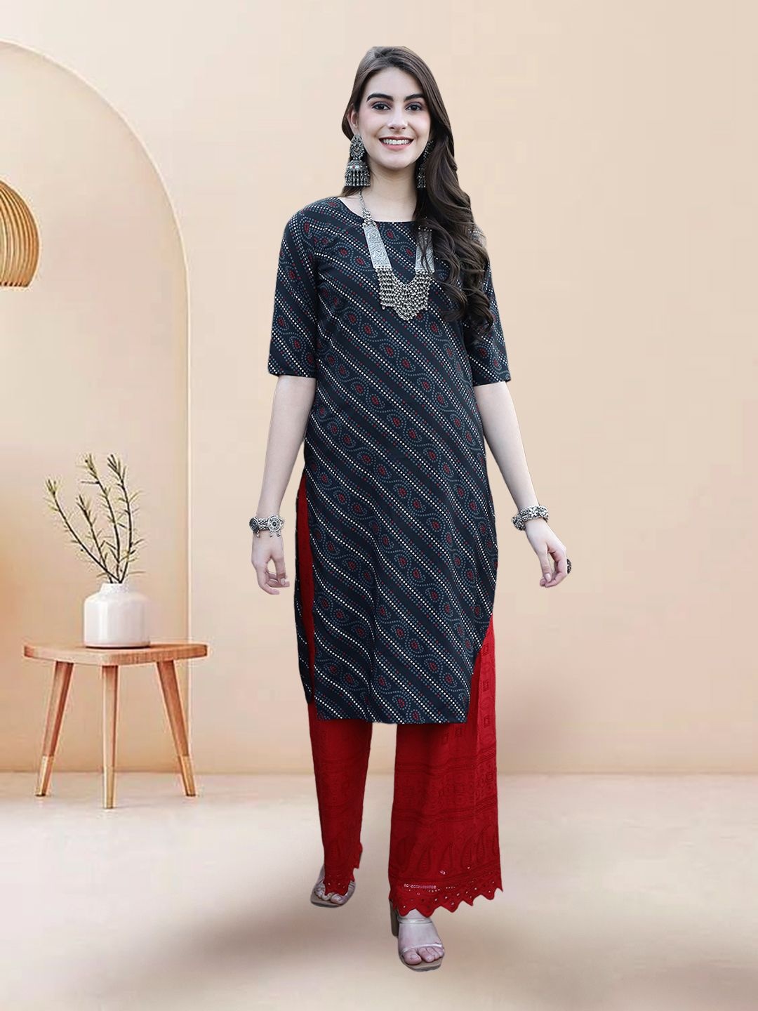 

7Threads Selection Of 6 Leheriya Printed Round Neck Kurtas, Orange