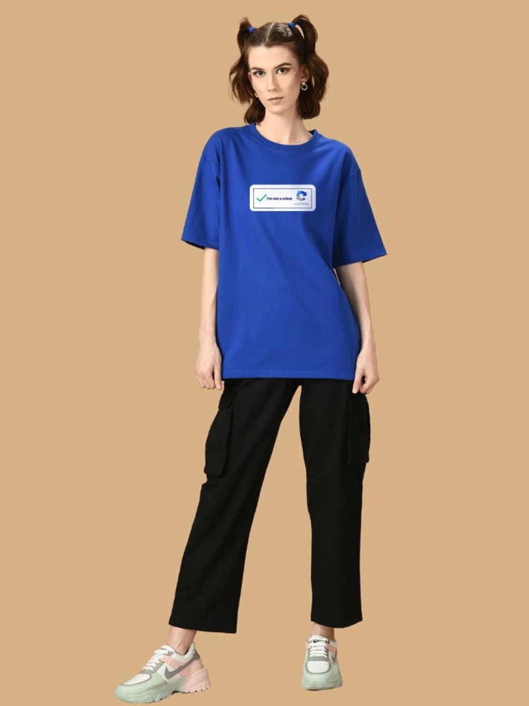 

OFFMINT Typography Printed Cotton Oversized Drop-Shoulder Sleeves T-shirt, Blue