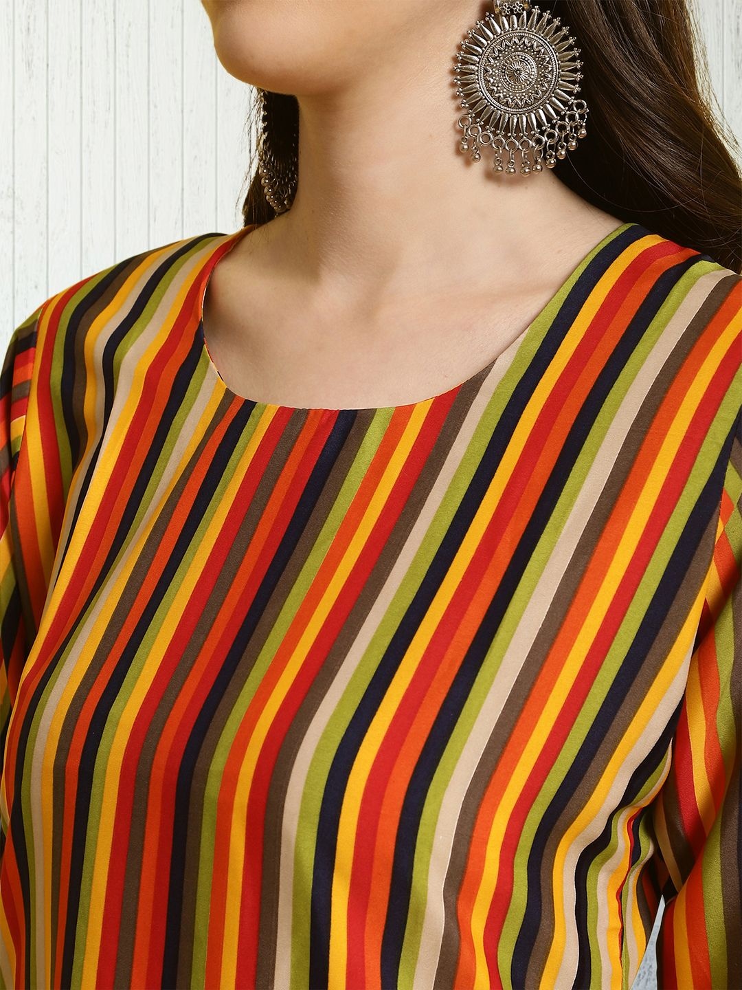 

7Threads Striped Printed Round-Neck Straight Regular Kurta with Trousers, Orange