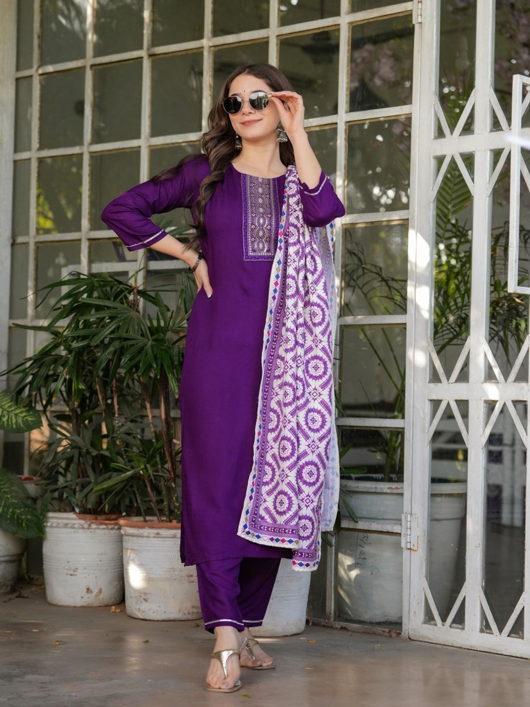 

KALINI Floral Yoke Design Round Neck Sequinned Straight Kurta With Trouser And Dupatta, Purple