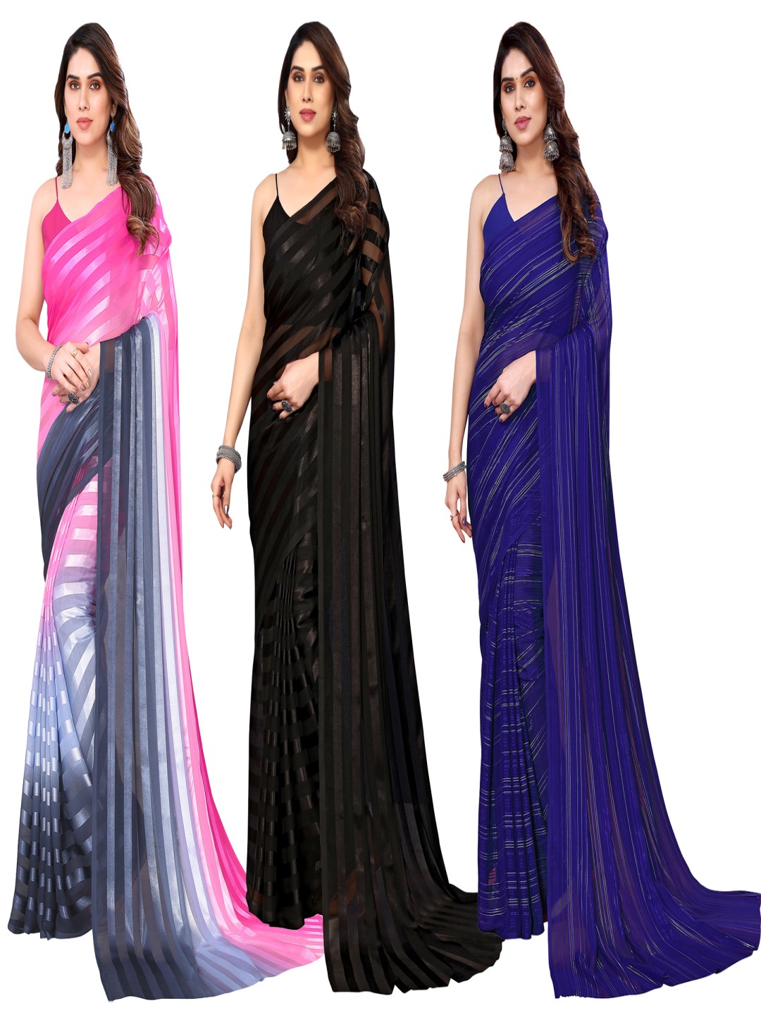 

ANAND SAREES Striped Satin Saree, Black