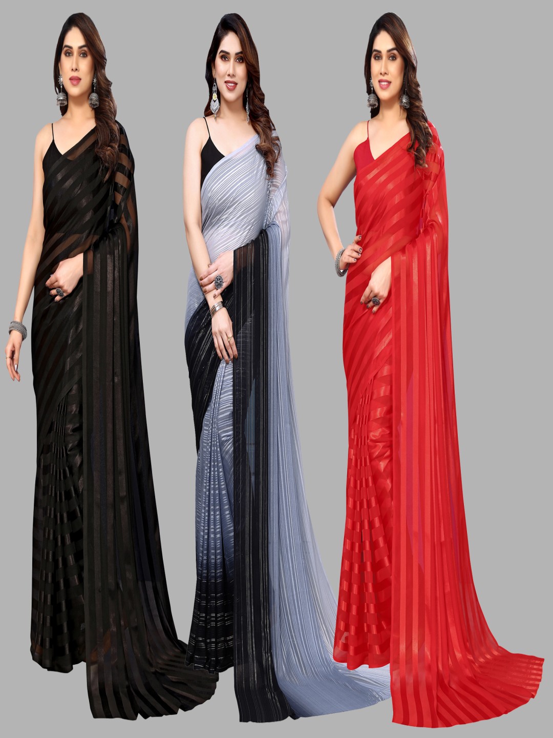 

ANAND SAREES Striped Satin Saree, Black