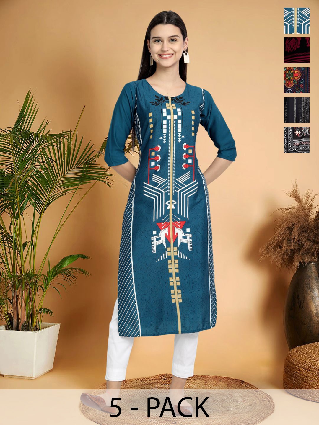 

7Threads Selection Of 5 Geometric Printed Round Neck Straight Kurtas, Teal
