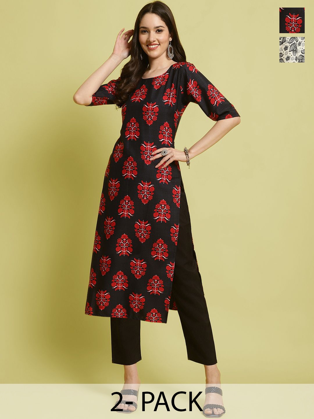 

7Threads Selection Of 2 Floral Printed Round Neck Straight Kurta With Trousers, Red