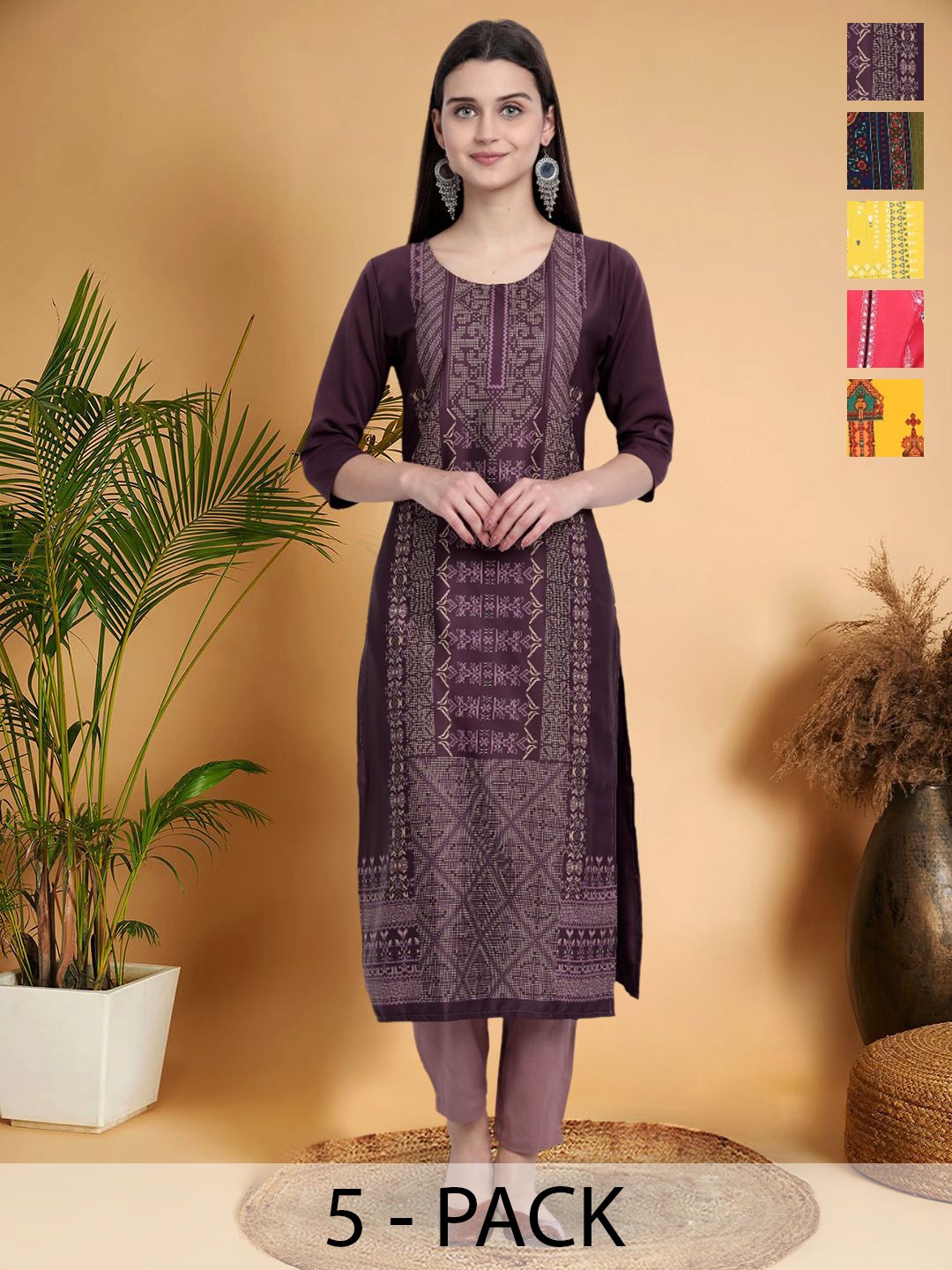 

7Threads Selection Of 5 Floral Printed Round Neck Straight Kurtas, Purple