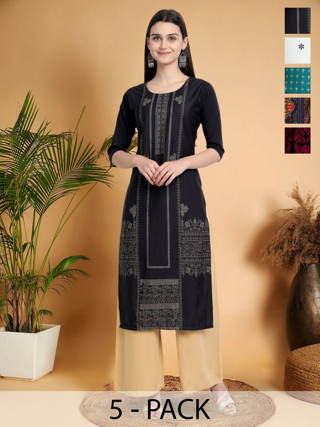 

7Threads Selection Of 5 Geometric Printed Round Neck Kurtas, Black