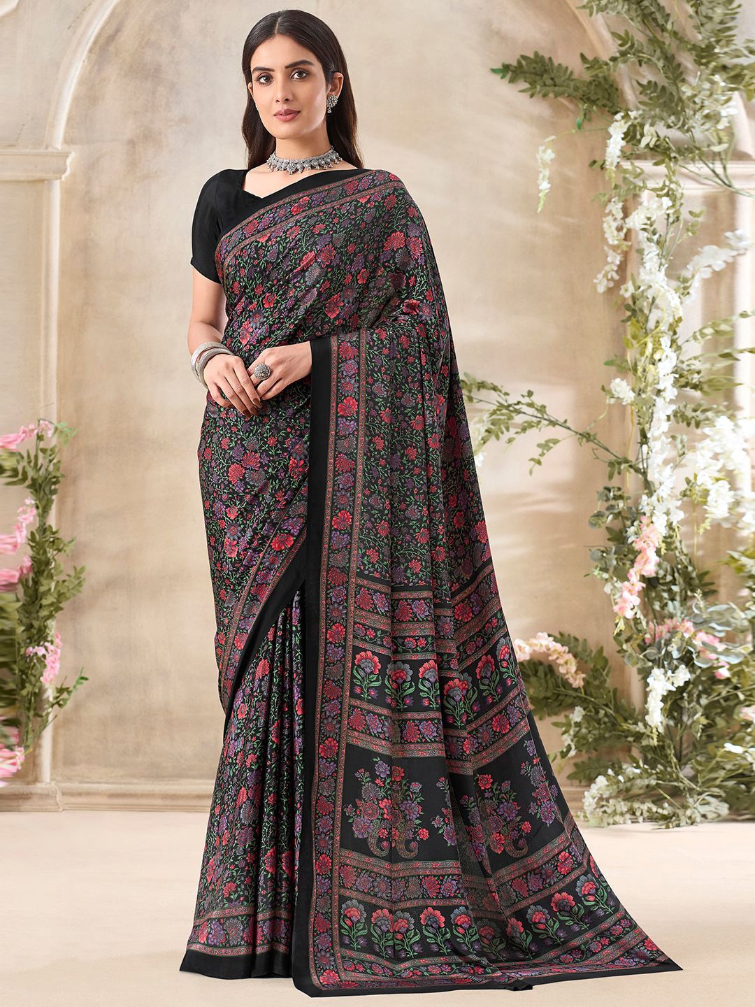 

Panzora Floral Poly Crepe Saree, Black