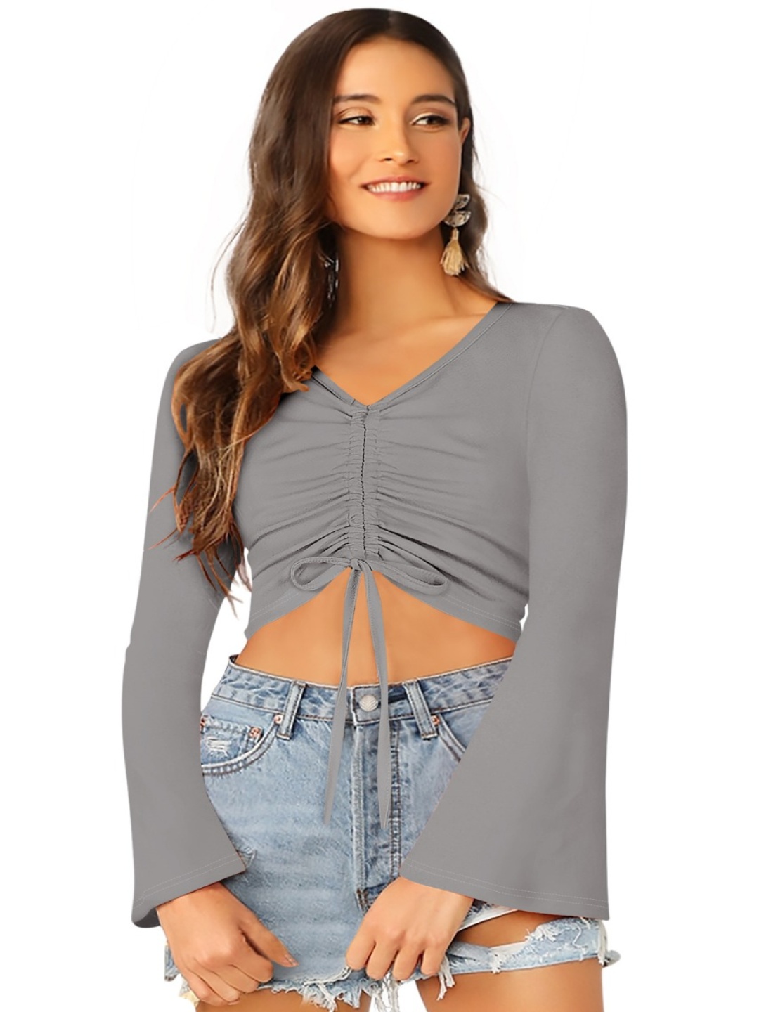 

SANJANA SILK Bell Sleeve Crop Top, Grey