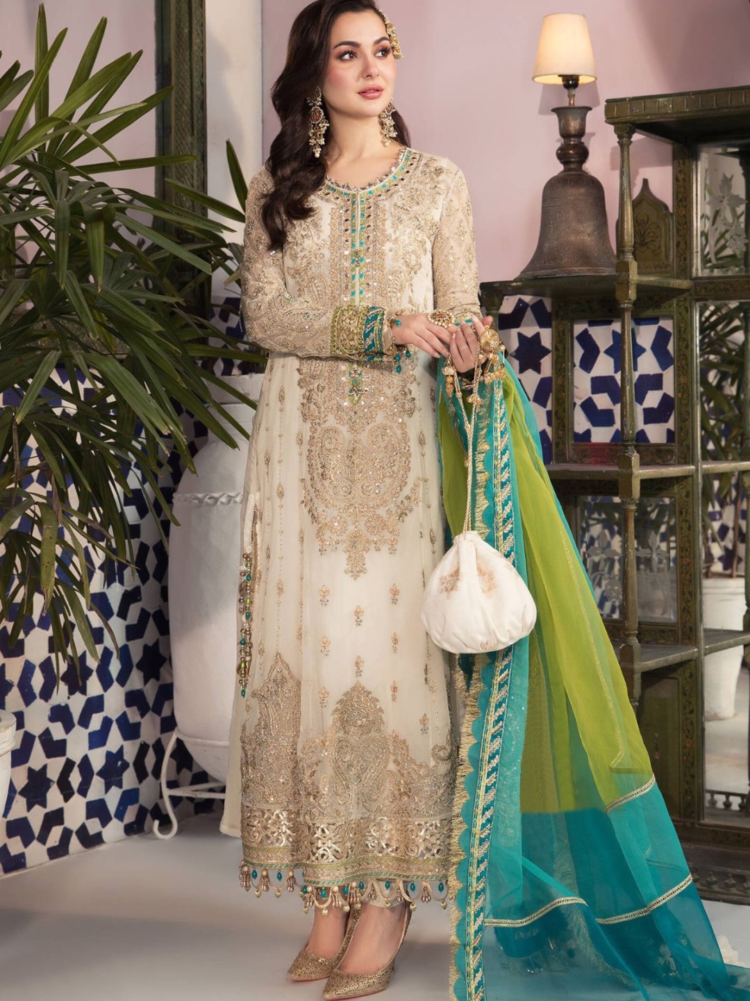 

ODETTE Embroidered Semi-Stitched Dress Material, Beige