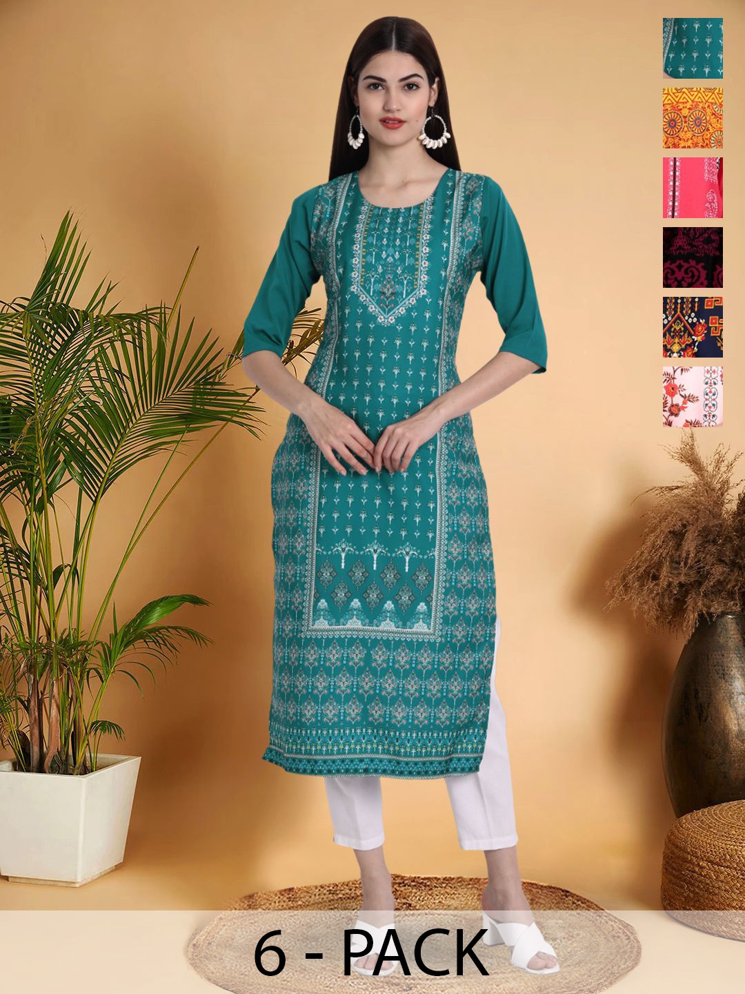 

7Threads Selection Of 6 Ethnic motifs Printed Round Neck Kurtas, Teal