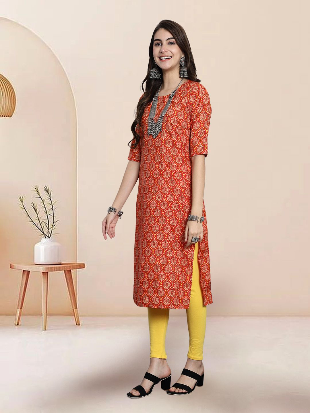 

7Threads Selection Of 3 Ethnic Motifs Printed Round Neck Straight Kurtas, Red