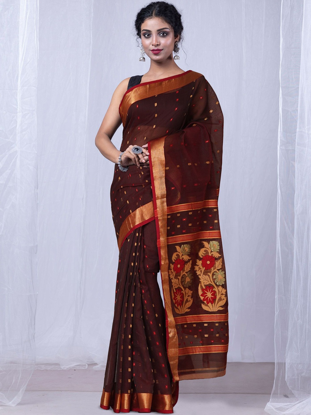 

Unnati Silks Woven Design Silk Cotton Handloom Maheshwari Saree, Brown