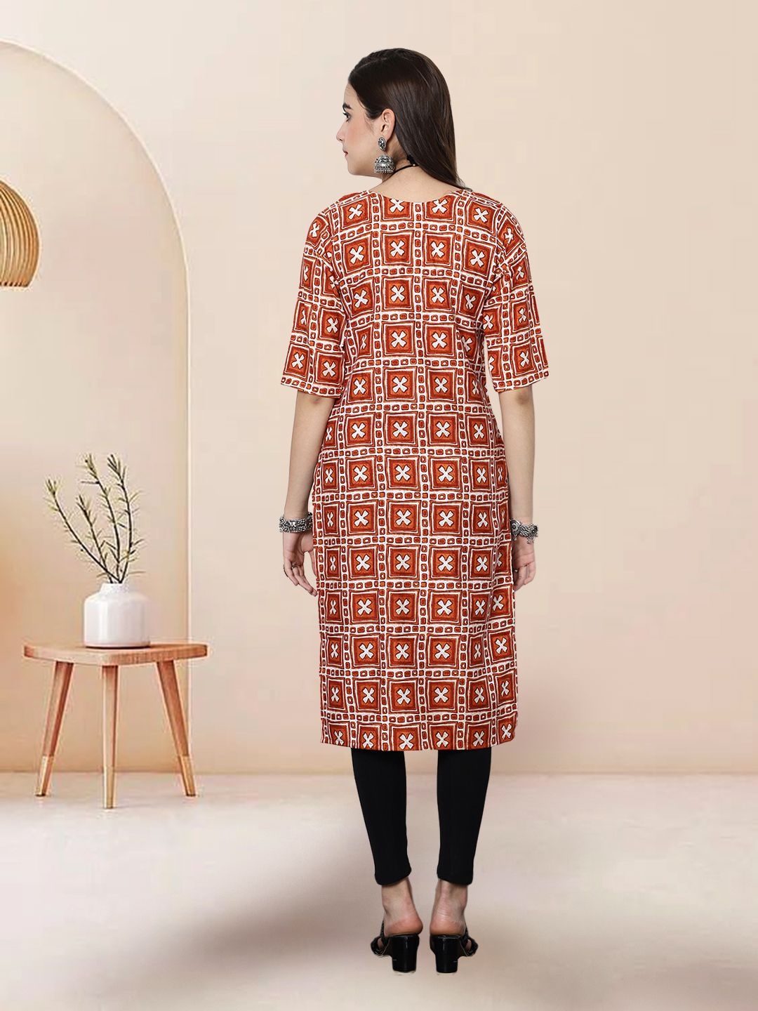 

7Threads Selection Of 3 Ethnic Motifs Printed Round Neck Straight Kurtas, Orange