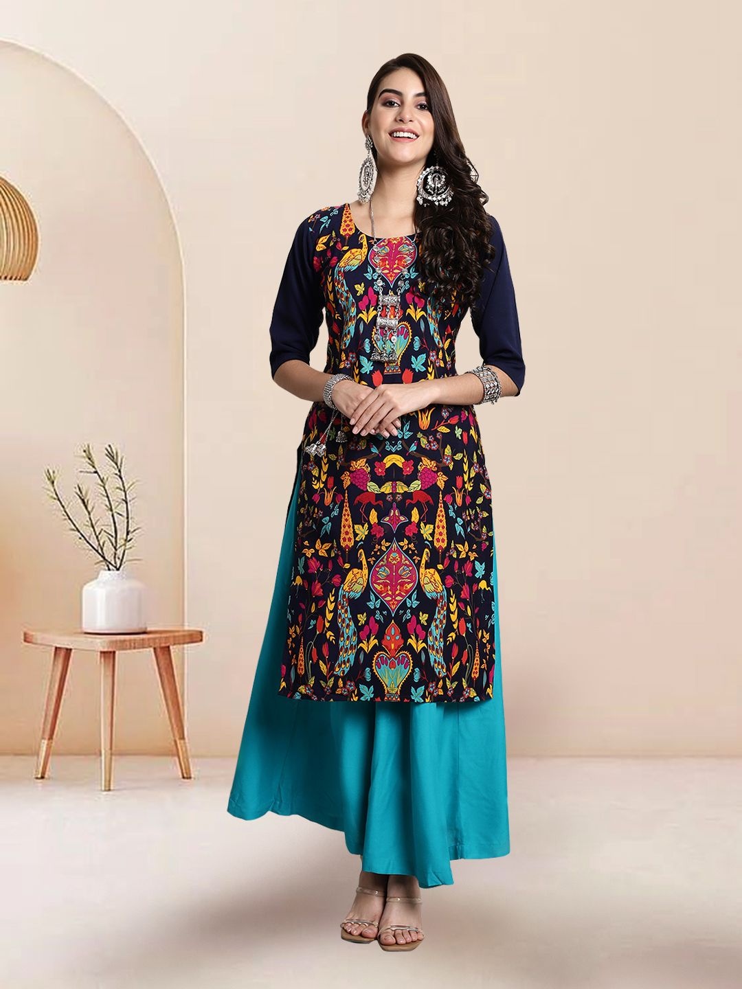 

7Threads Selection Of 6 Ethnic Motifs Printed Round Neck Straight Kurtas, Navy blue