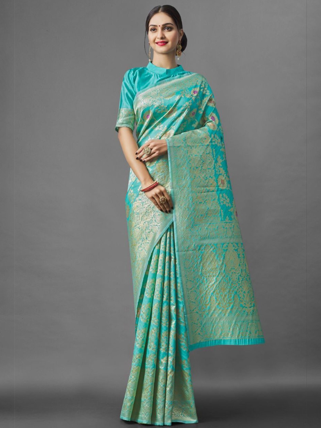 

Fashion Ritmo Woven Design Zari Pure Silk Saree, Turquoise blue