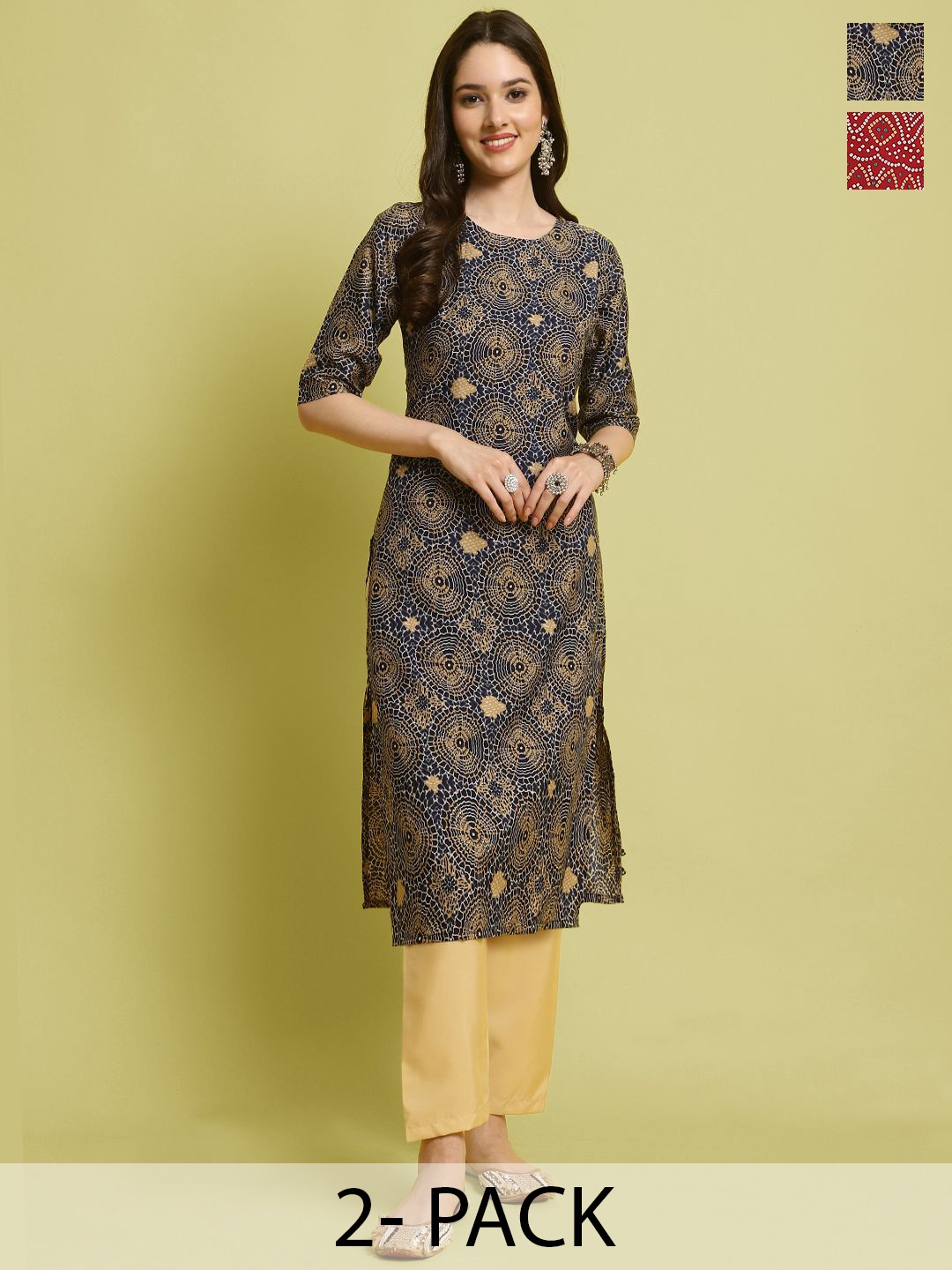 

7Threads Selection Of 2 Floral Printed Round Neck Straight Kurta With Trousers, Blue