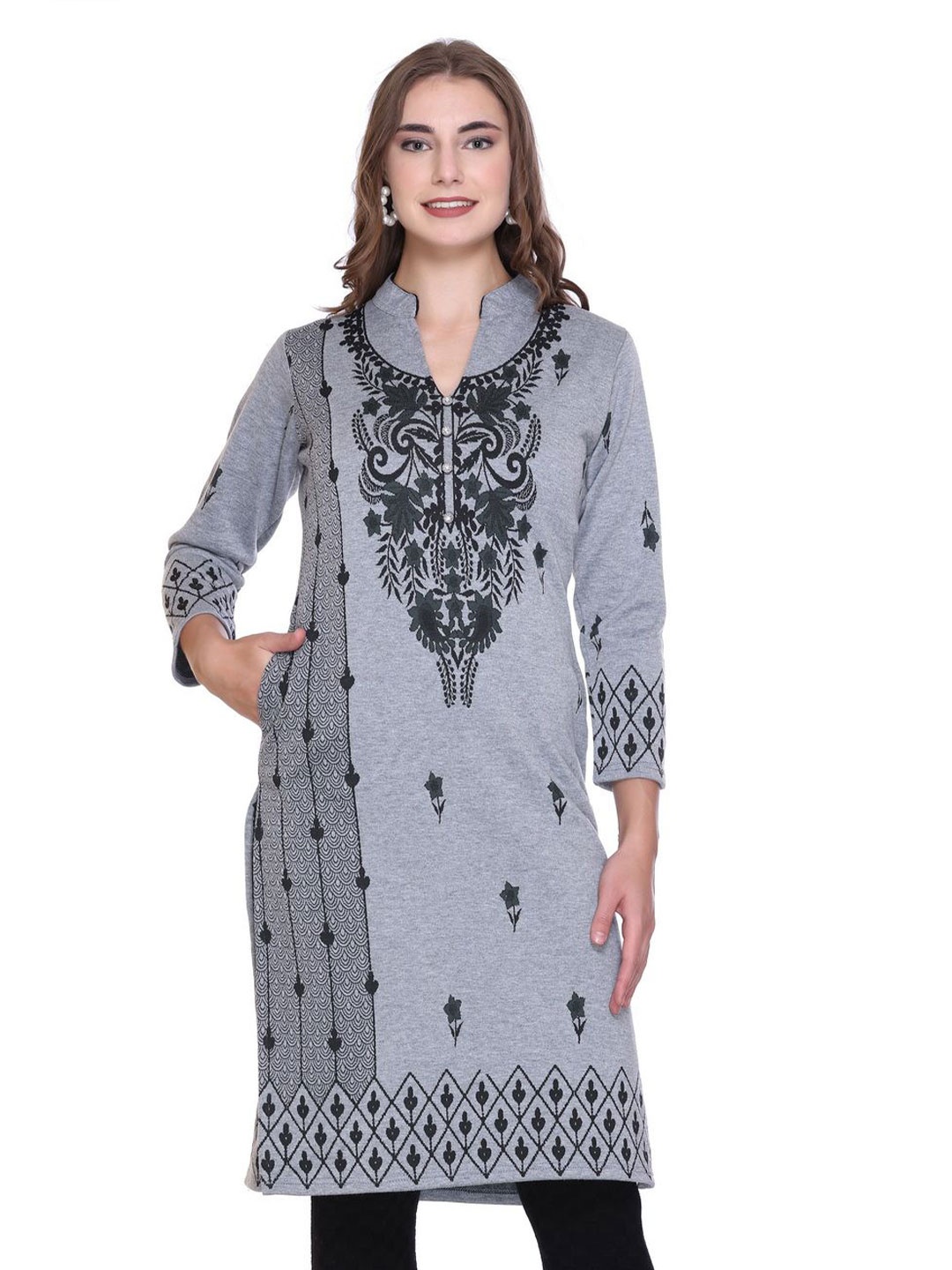 

ROSARY Winter Printed Woolen Long Sleeve Straight Kurta, Grey