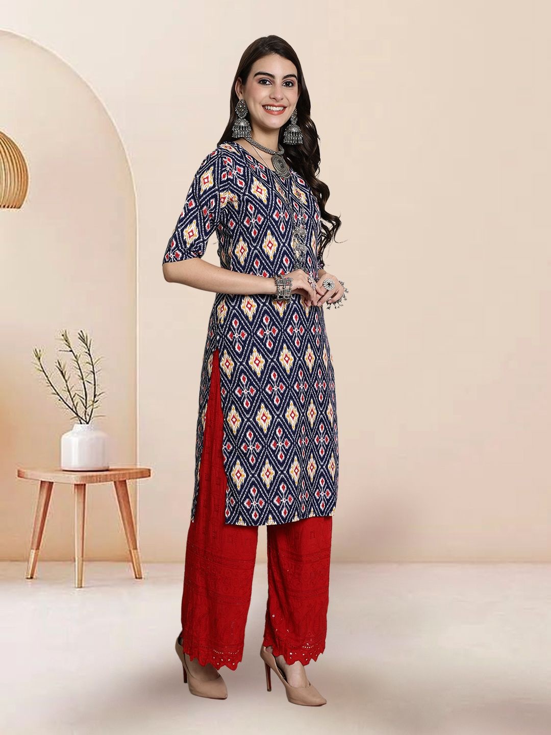 

7Threads Selection of 2 Ethnic Motifs Printed Round Neck Straight Kurtas, Navy blue