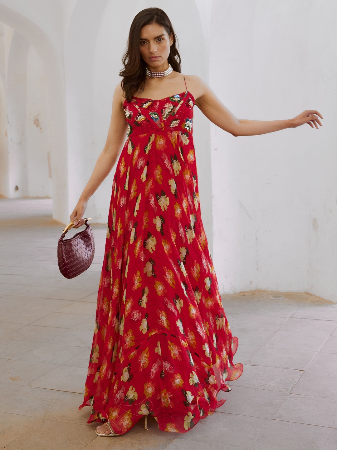 

Pallavi Jaipur Lal Bagh Poppy Floral Printed Fit And Flare Ethnic Dress, Red