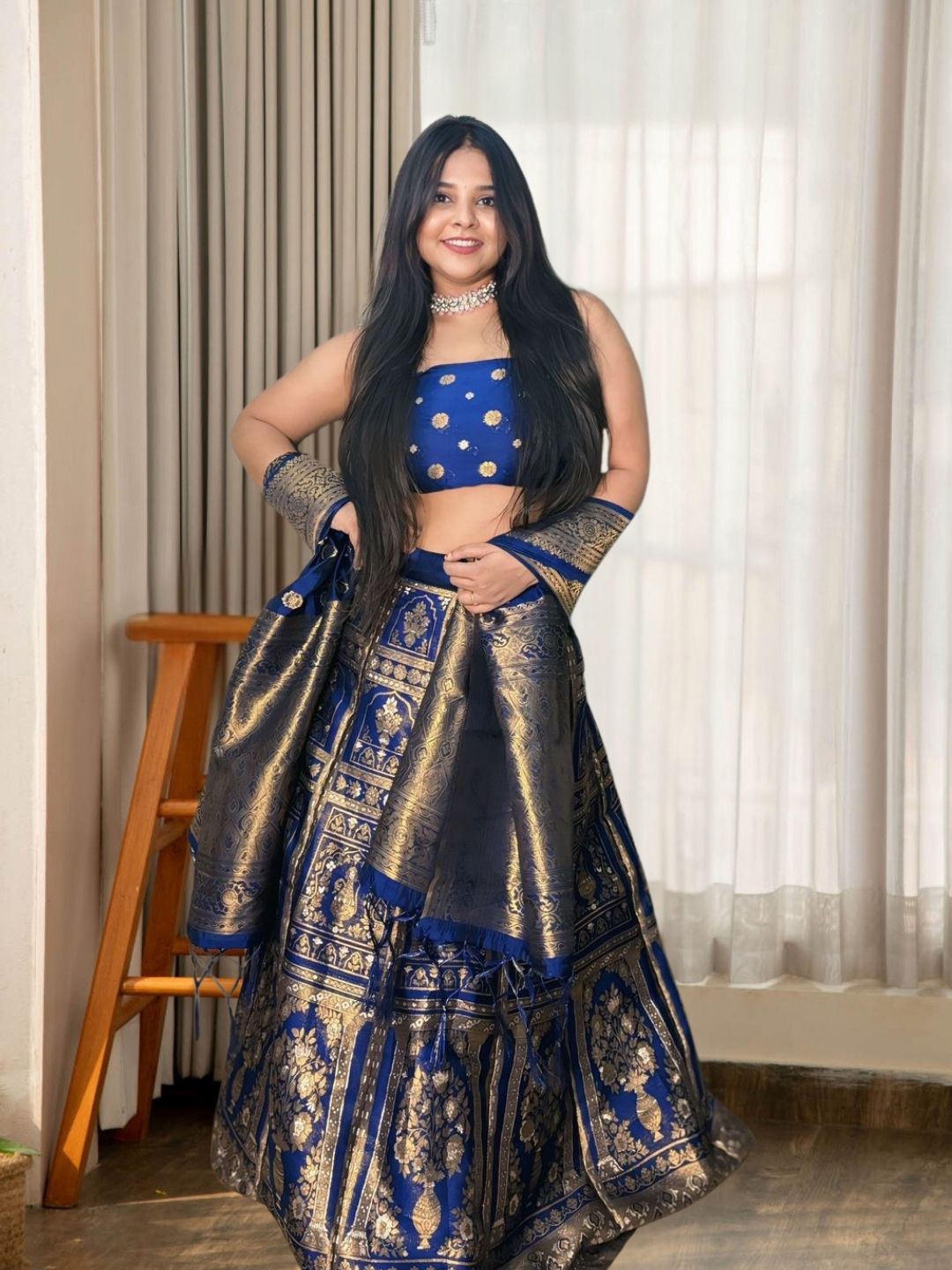 

MAGMINA Woven Design Zari Semi-Stitched Lehenga & Unstitched Blouse With Dupatta, Blue