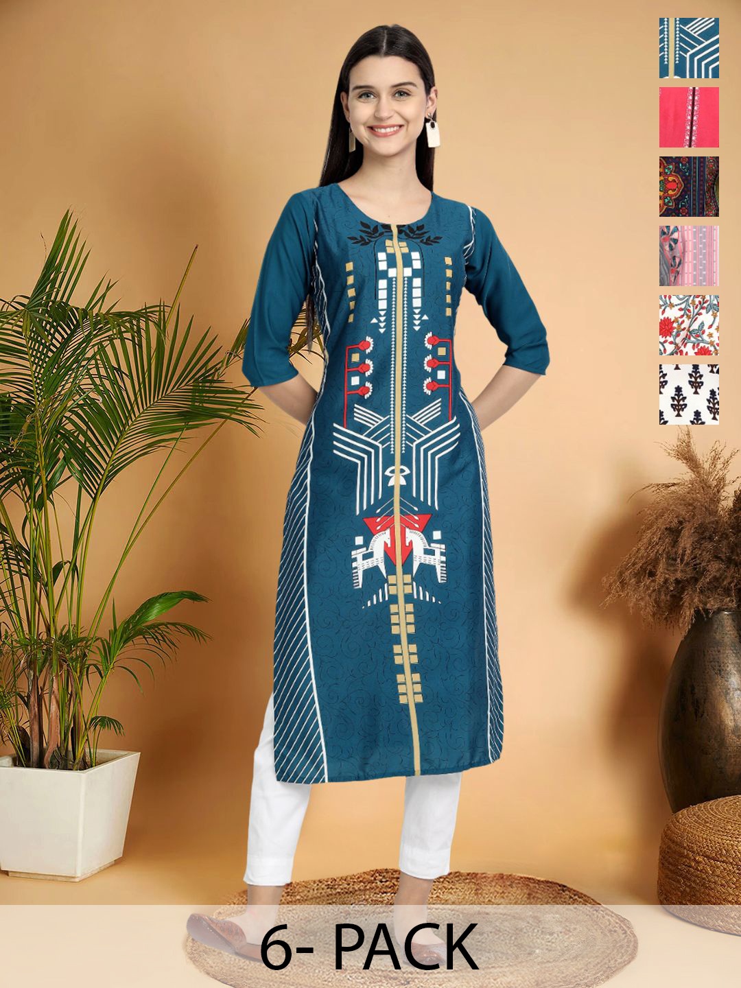 

7Threads Selection Of 6 Ethnic Motifs Printed Round Neck Straight Kurtas, Teal