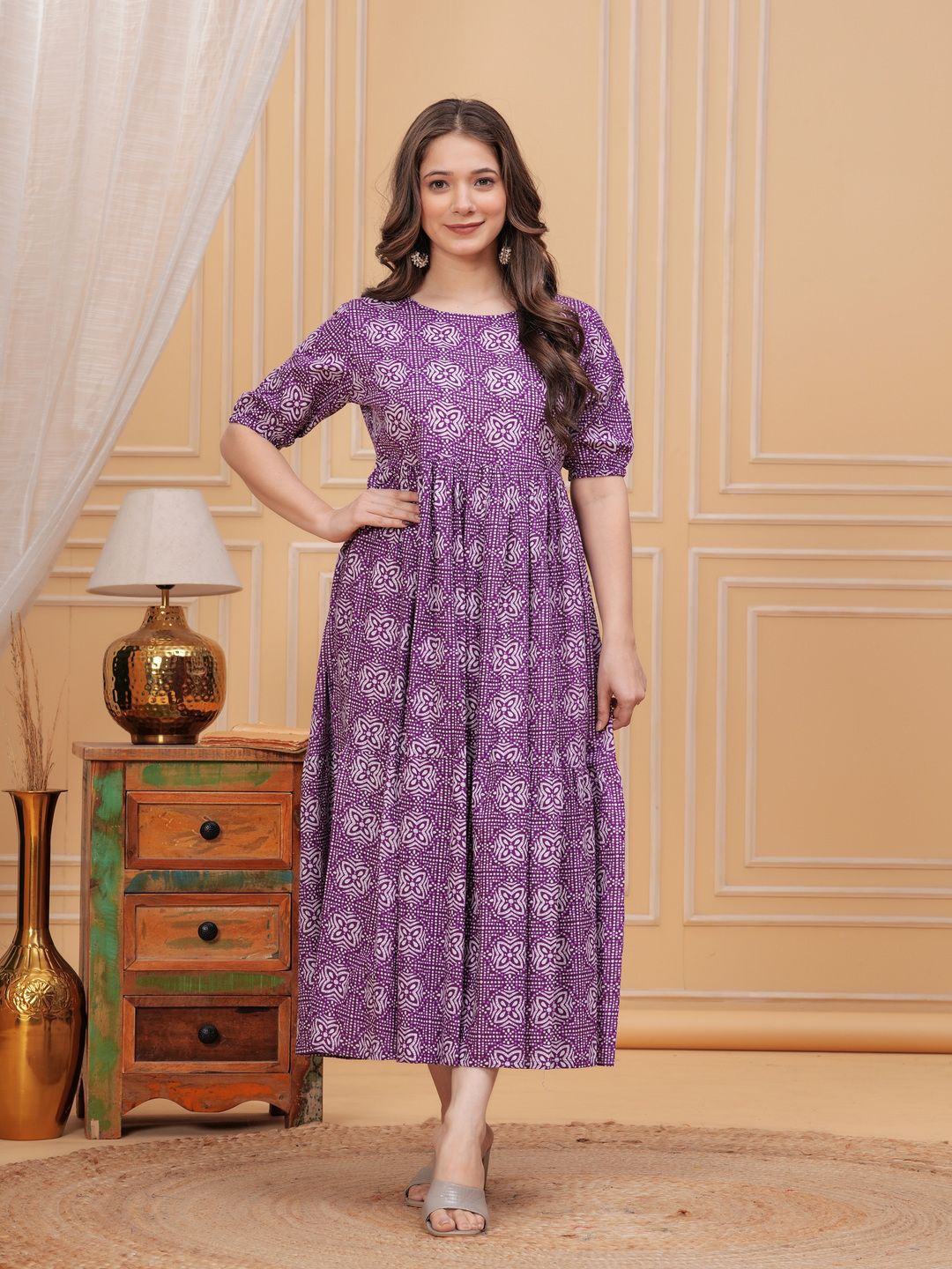 

Malia Printed Cotton Fit & Flare Anarkali Dress, Purple
