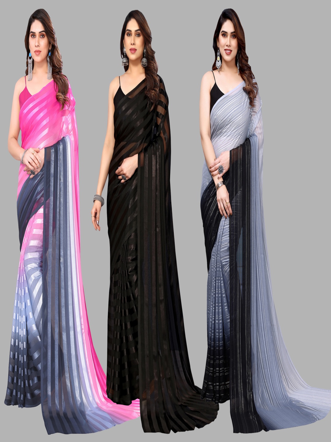 

ANAND SAREES Striped Satin Saree, Black