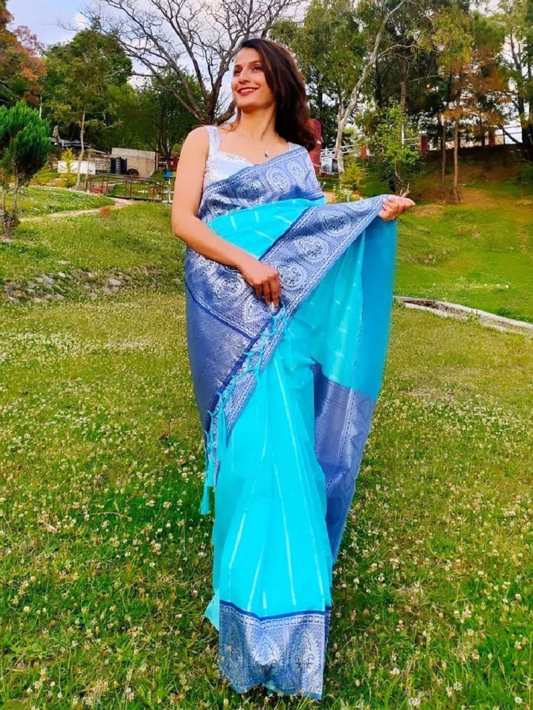 

A TO Z CART Woven Design Zari Pure Silk Saree, Turquoise blue